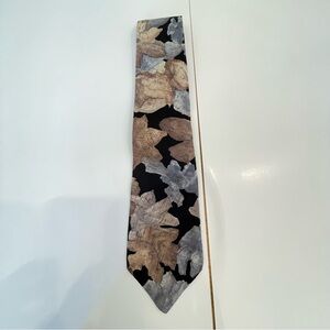Men's Black Tie with Beige and Gray Leaf Motif